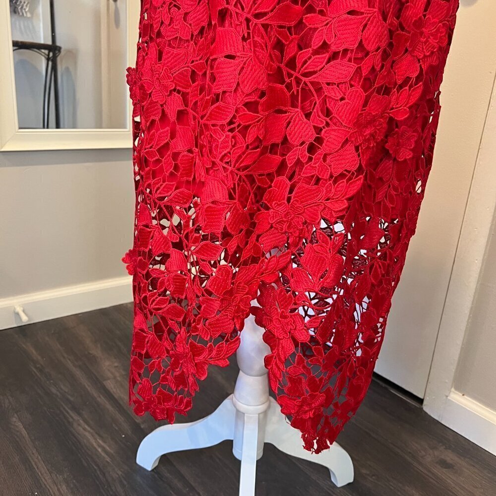 Betsy & Adam Red Crochet Lace Tulip Illusion Hem Cocktail Dress, Size 12 - Picture 5 of 16